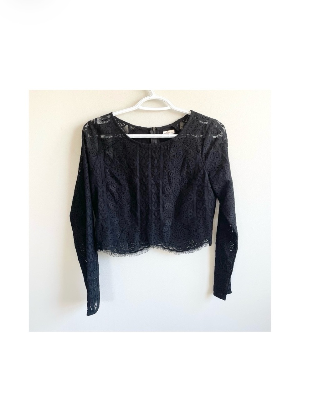 BLACK LACE LONG SLEEVE TOP EXPOSED BACK ZIPPER SHEER SLEEVES HOLLISTER CROPPED